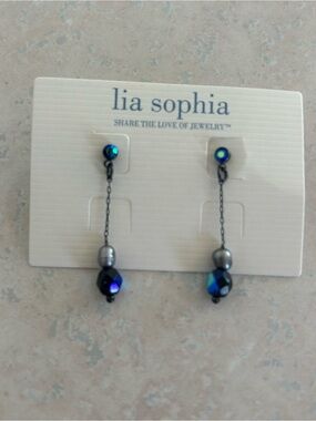 Lia Sophia Iridescent Navy Blue & Gunmetal Dangle Earrings